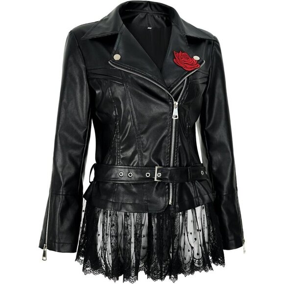 Women's faux leather black lace moto vintage coat riding coat - Picture 2 of 7